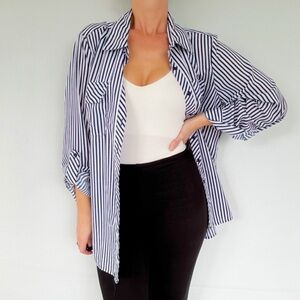 Notations blue white stripe long sleeve button down stretch blouse size XL